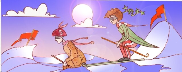 Immagine di Toty e un suo amico sugli sci (Per leggerne la descrizione proseguire nel link) Si vedono i due personaggi sugli sci, piegati con il corpo in avanti. Stanno scendendo un pendio e il cielo è molto limpido. Sullo sfondo, due collinette di neve dove sventola, su ciascuna, una bandiera rossa.