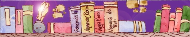 Immagine di libri su di uno scaffale (Per leggerne la descrizione proseguire nel link) Si vede una fila di dorsi di libro, alcuni dei quali disposti orizzontalmente.