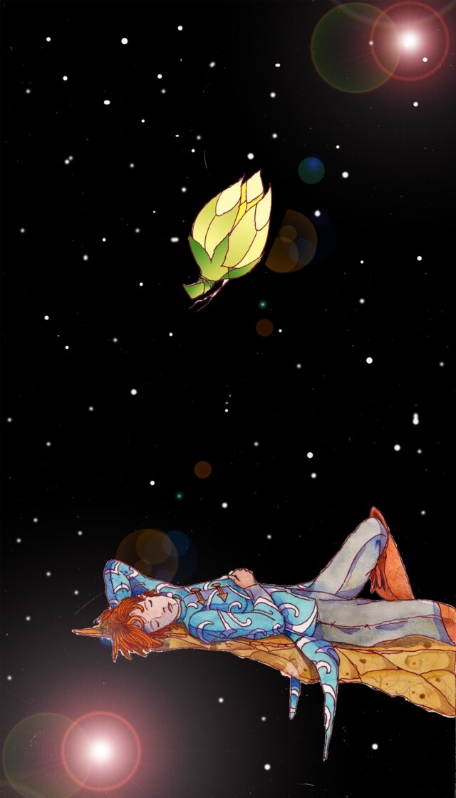 Immagine notturna di Jackie (Per leggerne la descrizione proseguire nel link) Si vedono Jackie, addormentato su di uno sperone di roccia sospeso nel cielo stellato, e il bocciolo dove è racchiusa Nimphea.