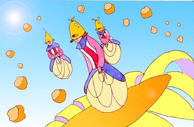 Immagine della partita di Flyball (Per leggerne la descrizione proseguire nel link) Si vedono tre giocatori avanzare sul girasole e tutto attono a loro granuli di polline.