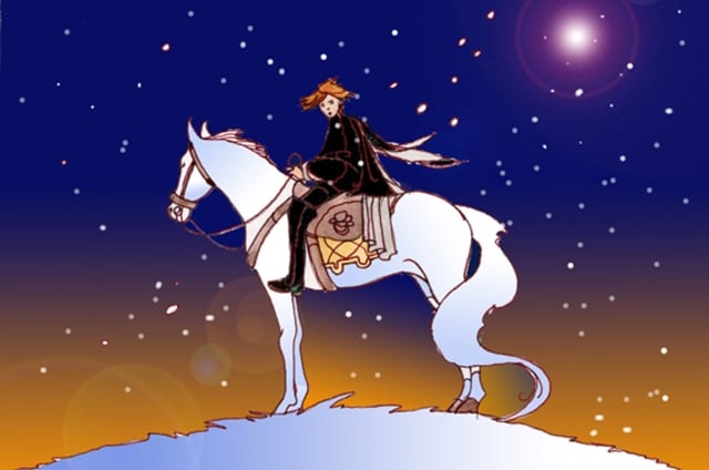 Immagine del principe della rosa elfica e pallida (Per leggerne la descrizione proseguire nel link) Si vede il principe a cavallo di un destriero bianco, vestito di un abito nero. L'immagine è possente perché il cavallo, di profilo, si erge su di una collina innevata, con lo sfondo di fiocchi di neve che si mescolano con le stelle. Il cielo è rischiarato dalla luna.