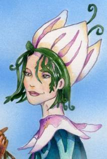 Immagine di Nimphea. ( Per leggerne la descrizione proseguire nel link ).
Mezzo busto di Nimphea. Il volto di tre quarti è incorniciato fra un diadema di petali di  magnolia, posto sul capo, e ciocche di capelli verdi che ricadono sulle guance.