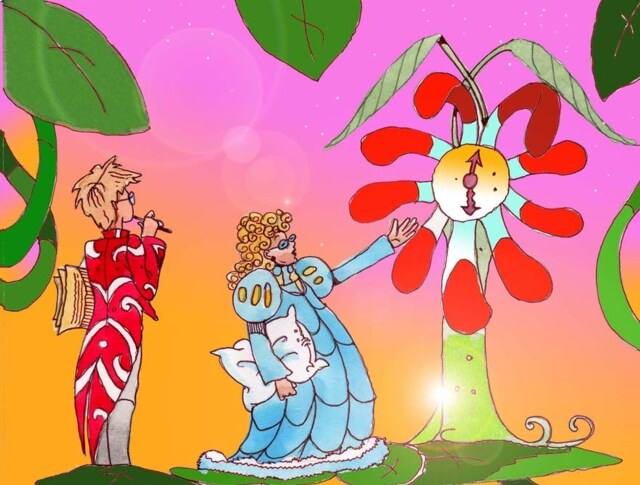 Immagine di Floriflora che spiega a Jackie il funzionamento degli orologi (Per leggerne la descrizione proseguire nel link). Si vede la regina accanto a un grande fiore i cui petali, aperti, sono disposti a raggiera, come a indicare la posizione delle ore.