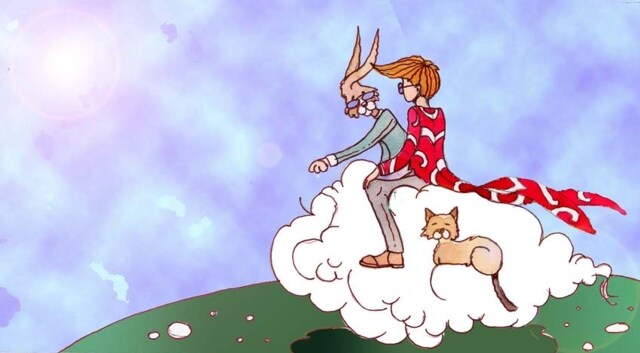 Immagine di Jackie, Micky Mick e Iggy a cavallo di Cotton (Per leggerne la descrizione proseguire nel link). Si vedono i tre personaggi, seduti sulla nuvola.