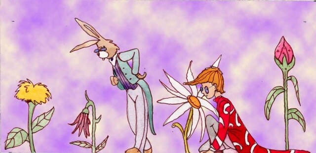 Immagine di Jackie e Micky che controllano i fiori (Per leggerne la descrizione proseguire nel link). Il professore e il coniglio sono intenti ad osservare i fiori per capire il misterioso fenomeno temporale.