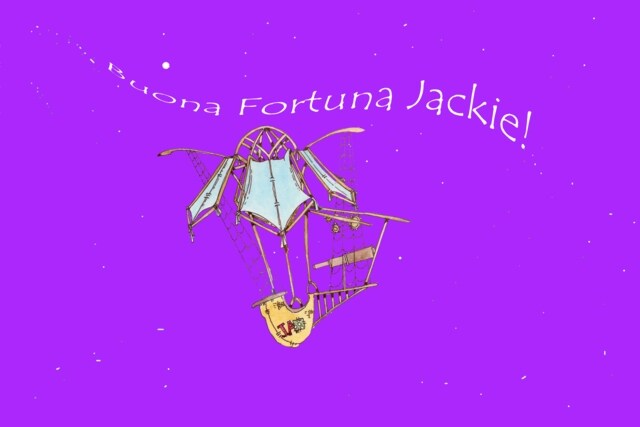 Immagine dello stravacante (Per leggerne la descrizione proseguire nel link) Si vede il velivolo volare di notte. Nel cielo la scritta: 'Buona fortuna, Jackie!'.