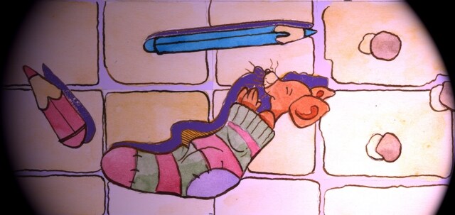 Immagine di Emanuele (Per leggerne la descrizione proseguire nel link) Si vede il topo che dorme dentro il calzino di Jackie, posto sul pavimento. In terra, accanto al topo, ci sono anche due mozziconi di matita.