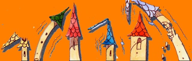 Immagine di edifici lesionati dal terremoto (Per leggerne la descrizione proseguire nel link) Si vedono delle piccole torri che stanno per cadere: i tetti di tegole, di diverso colore e a forma di pinnacoli, sono pendenti, verso sinistra e verso destra.