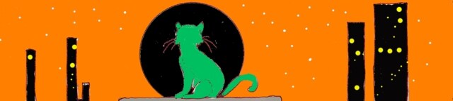 Immagine di Iggy al chiaro di luna (Per leggerne la descrizione proseguire nel link) Si vede il gatto, seduto di spalle, il cui profilo scuro è incorniciato dalla figura gialla della luna piena che, dietro di lui, splende nel cielo stellato. Ai lati sinistro e destro della luna, alcuni grattacieli illuminati.