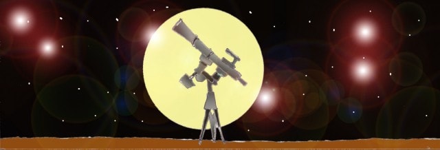 Immagine di un telescopio (Per leggerne la descrizione proseguire nel link). Si vede un telescopio, montato su di un treppiedi e puntato verso il cielo. Sullo sfondo il disco luminoso della luna al centro di un cielo puntellato di stelle.