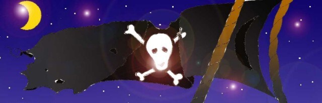 Immagine di una bandiera nera da pirata (Per leggerne la descrizione proseguire nel link). Sullo sfondo di un cielo notturno stellato e rischiarato da una falce di luna, sventola una bandiera nera, lacera ai bordi, in cui campeggia al centro un teschio, con quattro ossa diagonali ai lati. Tipico vessillo dei pirati.