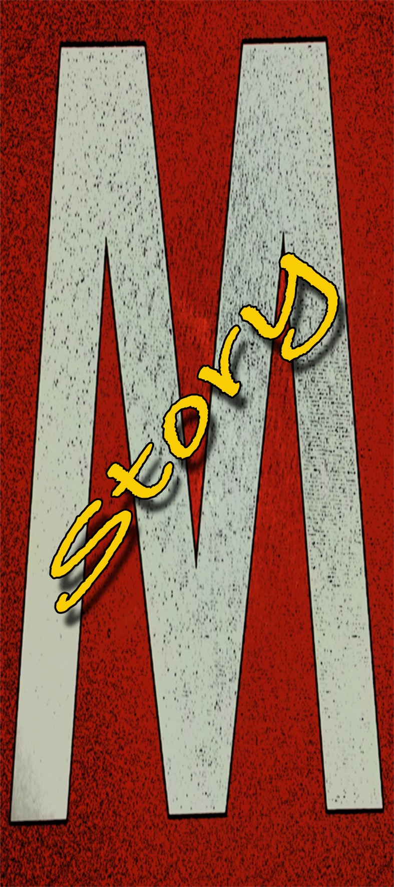 Immagine verticale. In primo piano la scritta corsiva, diagonale, gialla 'Story', sullo sfondo rosso di una lettera stampatello'M', di colore bianco.