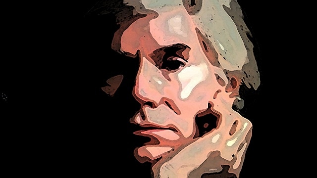 Immagine del volto di Andy Warhol (Per leggerne la descrizione proseguire nel link). La mano sotto al mento.