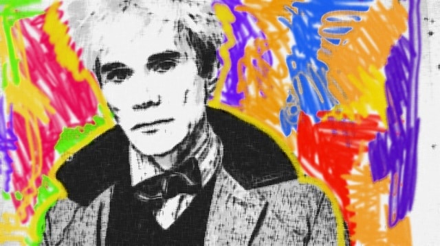 Immagine di Andy Warhol (Per leggerne la descrizione proseguire nel link). Mezzo busto in bianco e nero su sfondo colorato.