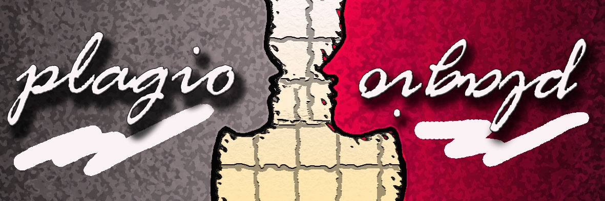 Cornice composta da un'immagine speculare: due sagome di volti stilizzati di profilo: a sinistra di colore grigio e a destra di colore rosso. Su ognuna la scritta: "Plagio" a sinistra e la medesima capovolta a destra.