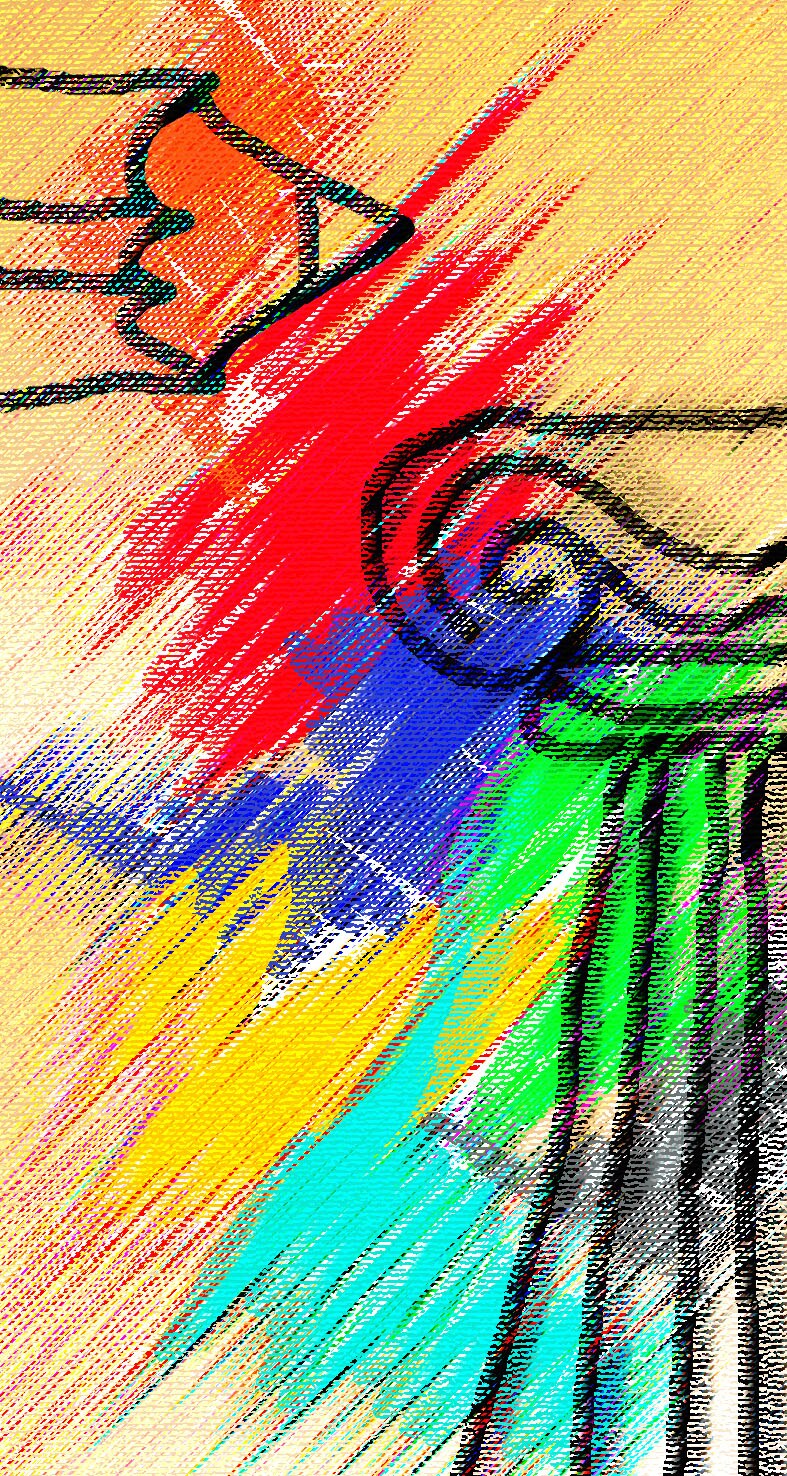 Immagine verticale. Sullo sfondo tratteggiato di campiture multicolore, linee a matita nera che compongono  la figura di una mezza colonna (in senso longitudinale) con capitello e in alto la punta di una matita.