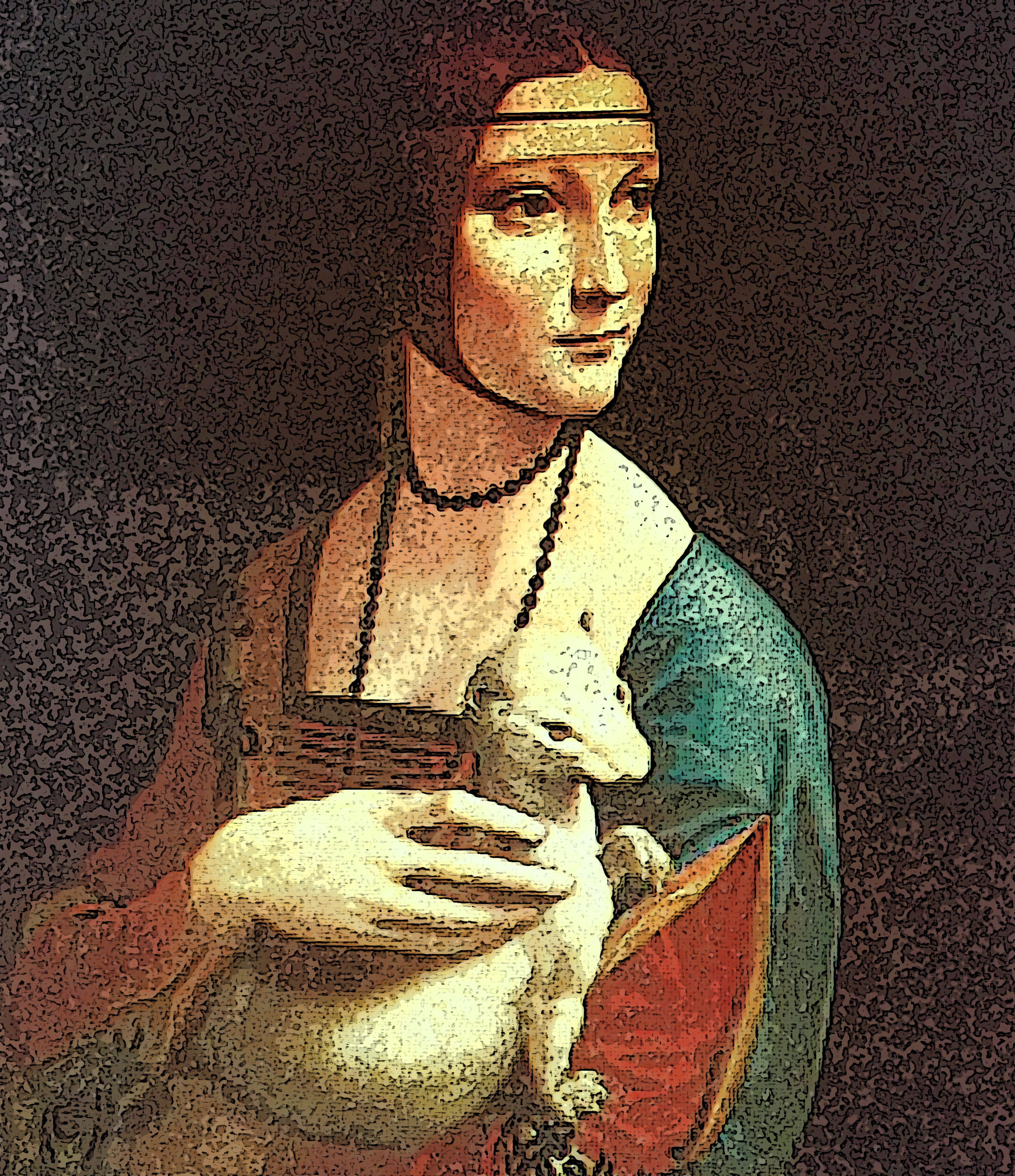 Immagine di 'La dama con l'ermellino' (Per leggerne la descrizione proseguire nel link). Ravvicinata sulla dama con l'ermellino in grembo.