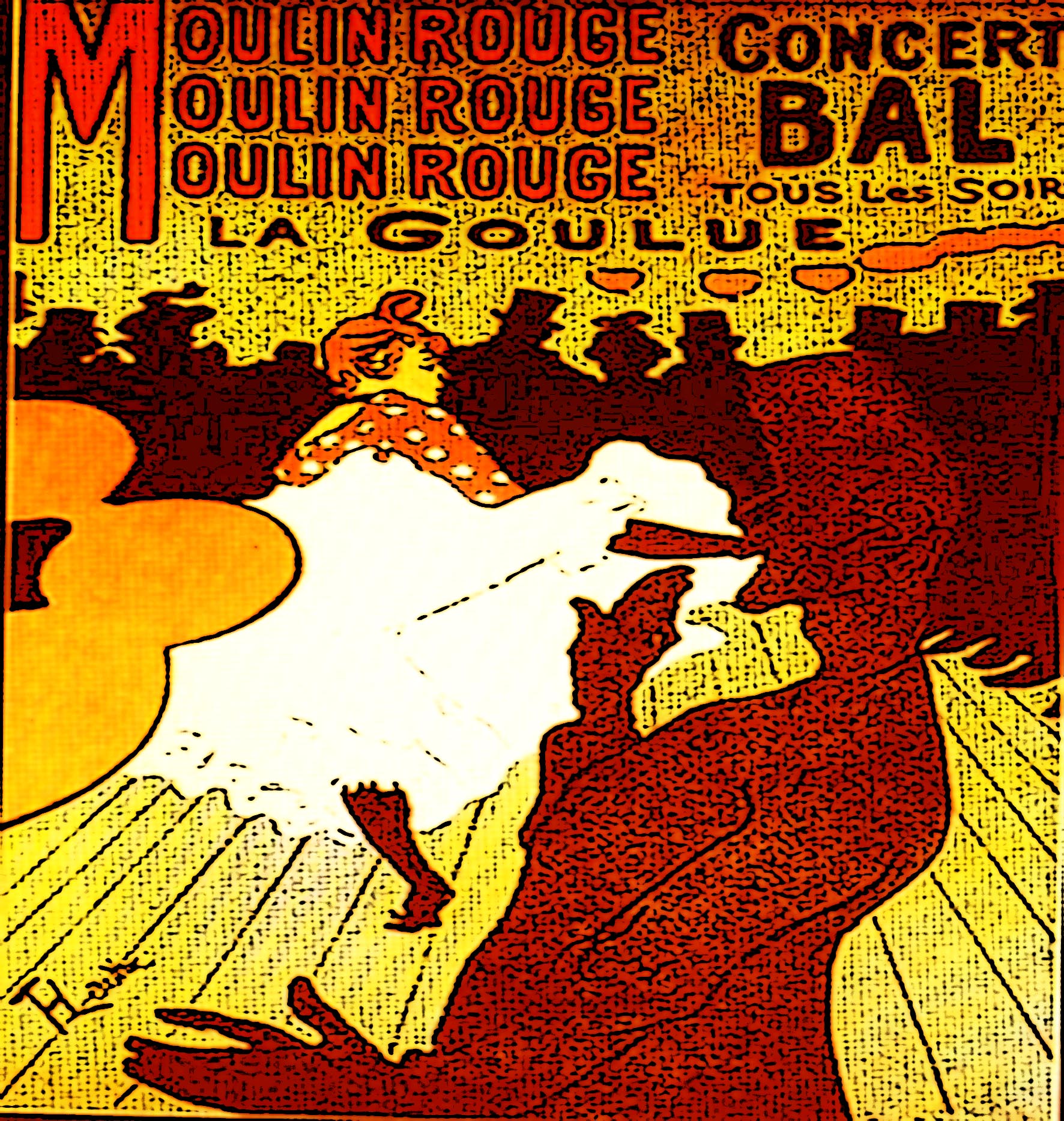 Immagine del poster 'La Goulue' (Per leggerne la descrizione proseguire nel link). La danzatrice balla circondata da figure scure.