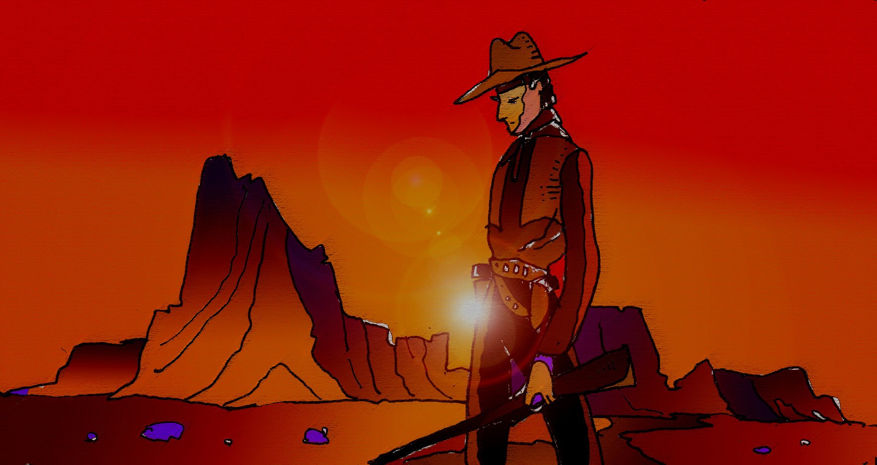 Immagine in piano americano di un cowboy (Per leggerne la descrizione proseguire nel link). Si vede un cowboy, in piano americano, sullo sfondo di un deserto roccioso. Tutta l'immagine è pervasa da un luminoso colore rosso di un tramonto infuocato che tinge le rocce e il profilo del cowboy.