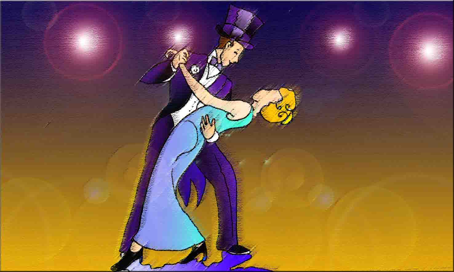 Immagine di Fred Astaire e Ginger Rogers che danzano un tango (Per leggerne la descrizione proseguire nel link). In primo piano e in figura intera i due ballerini nell'atto di un casqué. Fred Astaire è in frac, con cappello a cilindro e Ginger Rogers indossa un abito da sera di colore turchese. Sullo sfondo dei punti di luce dei riflettori.
