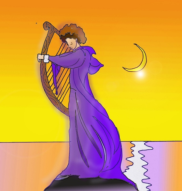 Immagine del bardo con l'arpa (Per leggerne la descrizione proseguire nel link). In figura intera, con una lunga veste, sullo sfondo di un cielo rischiarato dalla luna.