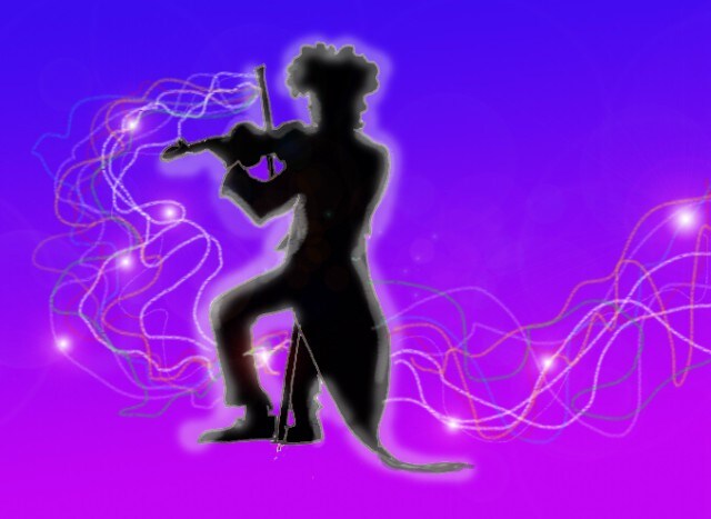Immagine di un violinista (Per leggerne la descrizione proseguire nel link). La figura seduta, scura, nell'atto di suonare il violino.