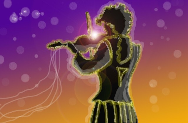 Immagine di una violinista (Per leggerne la descrizione proseguire nel link). La musicista in piedi, di spalle, nell'atto di suonare il violino.