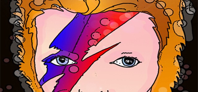 Immagine del volto di Bowie (Per leggerne la descrizione proseguire nel link). Il vistoso trucco tra l'occhio e la fronte, in diagonale.