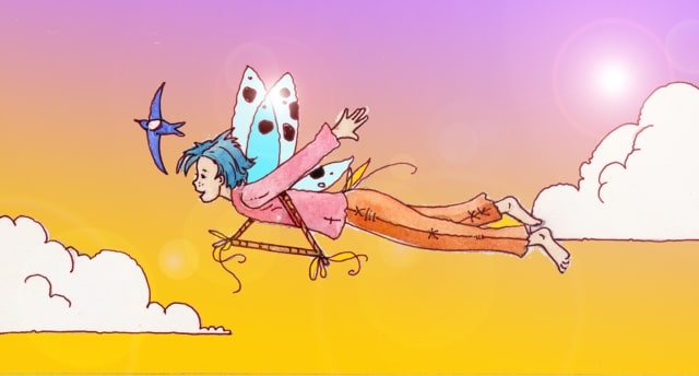 Immagine di Nemo in volo (Per leggerne la descrizione proseguire nel link). Si vede la bambina in figura intera, orizzontale, in volo tra le nuvole. E' vestita con una maglietta rosa e dei pantaloni lunghi, di colore arancione. Le braccia sono tese e tenute leggermente all'indietro. Sulla schiena ha le ali attaccate a un triangolo di giunco che la bambina indossa cingendole il busto. Le ali sono composte da quattro parti: le ali superiori più grandi e quelle inferiori più piccole. Il volto è sorridente ed entusiasta. I capelli, all'indietro, segnalano il vento di velocità� del volo. Poco sopra e avanti a lei, la rondine.