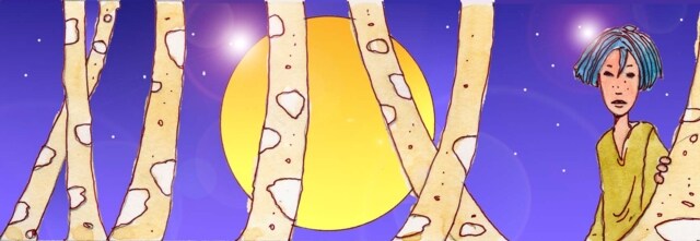 Immagine di Nemo (Per leggerne la descrizione proseguire nel link) Si vede Nemo in un bosco di notte. La sua figura è sul lato destro della scena. Si vede in mezzo busto, vestita con la tunica e caratterizzata dai suoi capelli blu. Si vede l'astro al centro della scena, dietro una fila di tronchi d'albero.