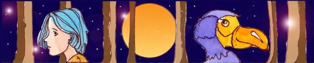 Immagine di Nemo e del dodo nel bosco (Per leggerne la descrizione proseguire nel link). Si vedono i primi piani, di profilo, del volto della bambina (sul lato sinistro) e del muso del dodo (sul lato destro) separati tre tronchi d'albero in fila. Al centro il disco della Luna piena in un cielo stellato.