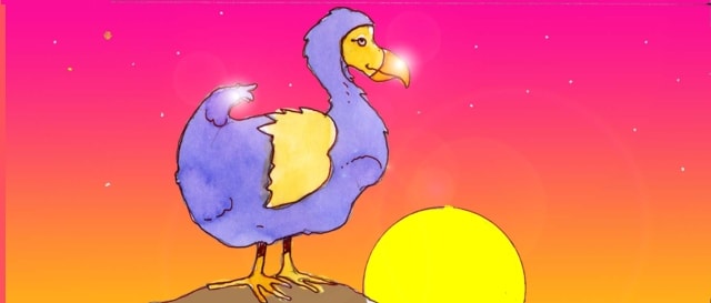 Immagine del dodo (Per leggerne la descrizione proseguire nel link). Nella luce diffusa del tramonto si vede il dodo in figura intera. E' fermo su di una piccola altura ai cui piedi, sullo sfondo, tramonta il sole.