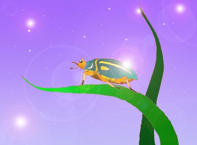 Immagine dello Barnaby (Per leggerne la descrizione proseguire nel link) Si vede lo scarabeo passeggiare su di una foglia. E' di colore verde, con l'addome e la testa di colore giallo e le zampette nere che lo sostengono tenendolo in equilibrio sulla foglia.