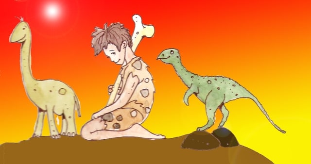 Immagine di Primitiv (Per leggerne la descrizione proseguire nel link). E' accucciato, in ginocchio, e con la mano destra tiene un osso lungo che arriva dietro la testa. Accanto a lui, a destra e a sinistra, due piccoli dinosauri.