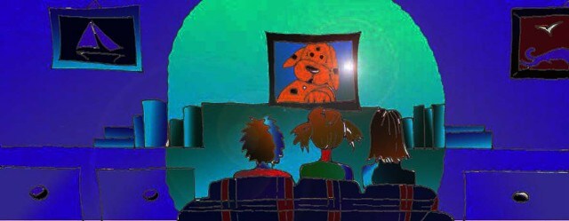 Immagine di tre bambini davanti al televisore (Per leggerne la descrizione proseguire nel link). Si vedono di schiena tre bambini seduti sul divano in salotto, davanti al televisore. Sullo schermo si vede un cartone animato: un cane in mezzo busto.