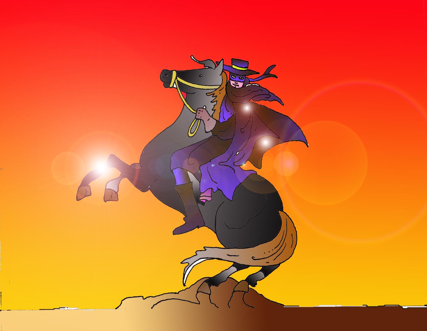 Immagine di Zorro in figura intera (Per leggerne la descrizione proseguire nel link). L'eroe sull'impennato cavallo, l'andaluso nero di nome Tornado. E' vestito di nero, con un mantello viola scuro a contrasto, il cappello da cowboy e la maschera sugli occhi. Sullo sfondo la luce del tramonto.