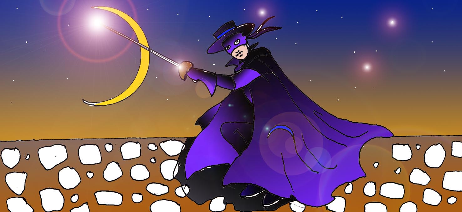 Immagine di Zorro che scavalca un muro (Per leggerne la descrizione proseguire nel link). L'eroe nell'atto di scavalcare un muro, vestito con l'ampio mantello nero e viola. Impugna la spada e cela il suo volto con una maschera. Sullo sfondo un cielo notturno rischiarato da una falce di luna.
