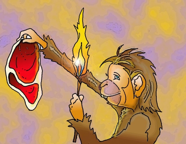 Immagine di una scimmia in mezzo busto (Per leggerne la descrizione proseguire nel link). Con una zampa distesa tiene una bistecca e con l'altra un ramo infuocato.