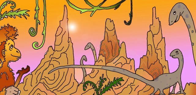 Immagine di Paki fra i dinosauri  (Per leggerne la descrizione proseguire nel link). Un paesaggio roccioso con dinosauri e Paki.