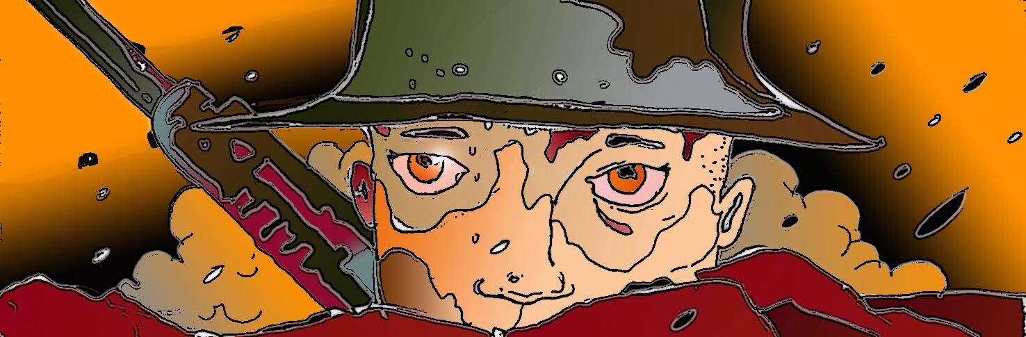 Immagine ravvicinata del volto di un soldato (Per leggerne la descrizione proseguire nel link). Il volto in primissimo piano di un soldato in trincea, sotto un elmetto calato sul capo.