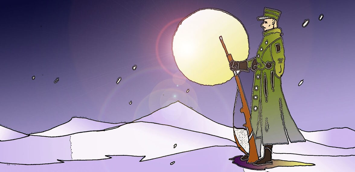 Immagine di un soldato su ghiacciaio (Per leggerne la descrizione proseguire nel link). Si vede il soldato che indossa una cappotto verde militare e stringe una carabina. Sullo sfondo, il ghiaccio e la luna piena.