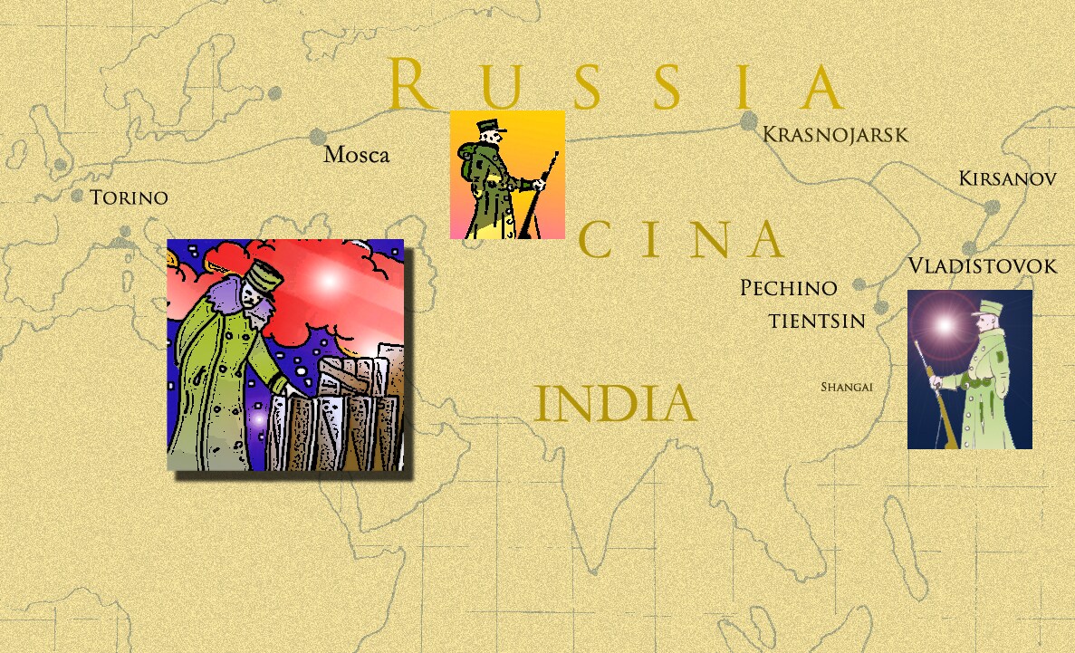 Immagine di una carta geografica tratteggiata (Per leggerne la descrizione proseguire nel link). Si vede il percorso del viaggio di Manera da Torino fino in Russia e in Cina. Si vedono disegnati tre diversi riquadri con soldati.