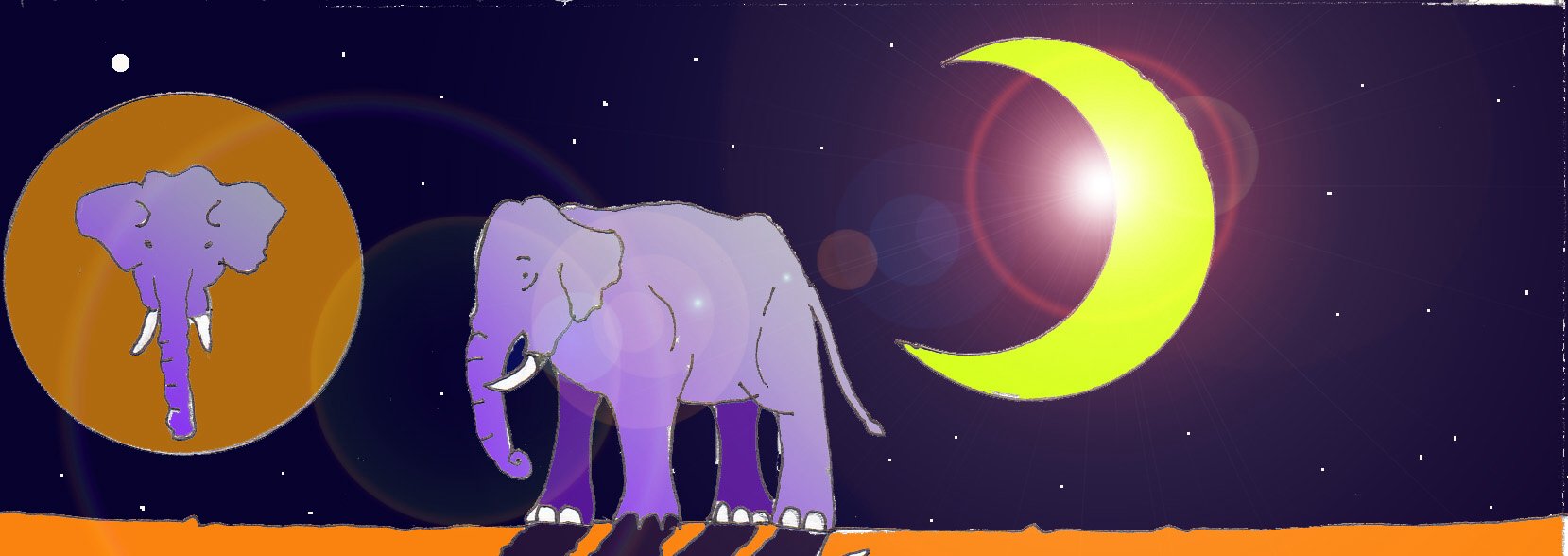 Immagine di un elefante nella notte (Per leggerne la descrizione proseguire nel link). Si vede al centro della scena un elefante di profilo. Sulla sinistra un riquadro con la testa dell'elefante mentre sulla destra campeggia una falce di luna. Sullo sfondo il cielo è notturno e stellato.