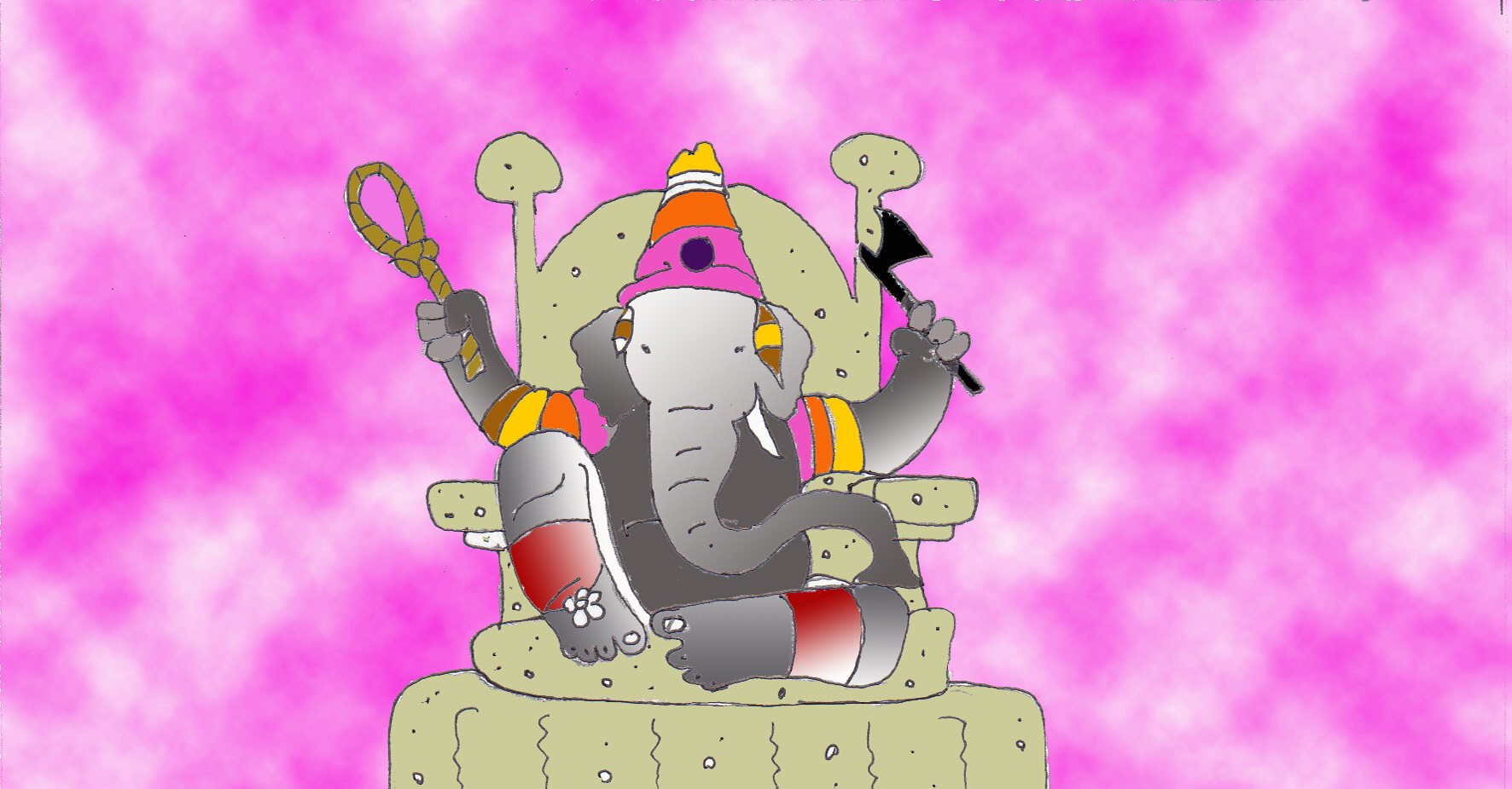 Immagine di Ganesh seduto sul trono (Per leggerne la descrizione proseguire nel link). Ganesh seduto, indossa un cappuccio e altri paramenti variopinti. Stringe nelle mani due oggetti simbolici: un'ascia e un cappio. Lo sfondo è di colore rosa sfumato.