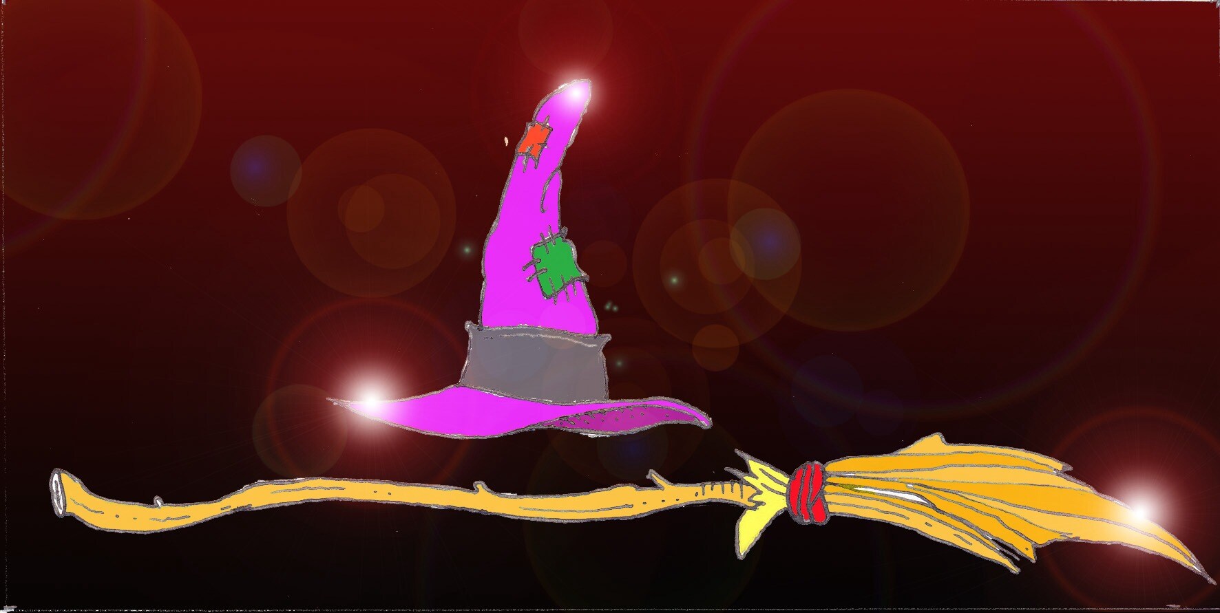 Immagine di un cappello da strega e di una scopa (Per leggerne la descrizione proseguire nel link). Si vedono un cappello a punta di colore rosa (rattoppato, con  toppe verde e rossa) con un nastro grigio alla base e una scopa di saggina.