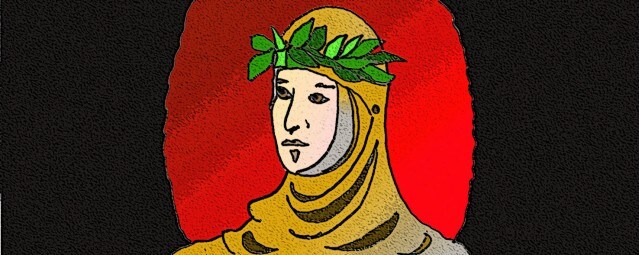 Immagine del ritratto di Boccaccio. (Per leggerne la descrizione proseguire nel link). Si vede il poeta in mezzo busto, con copricapo medievale, cinto da una corona di lauro. Sullo sfondo una campitura ovale di colore rosso, da cui si staglia la figura.