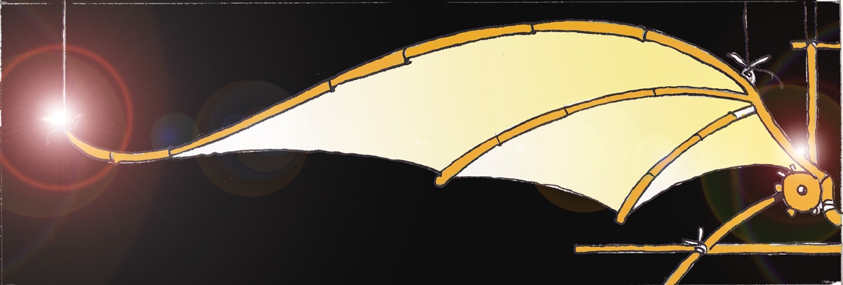 Immagine di un'ala di un velivolo , di fantasia. La struttura presenta un telaio di bambù su cui è montata della tela. Sul punto d'unione dei due lati dell'ala cade un punto di luce.