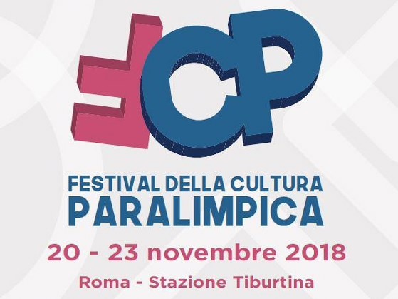 Logo del 'Festival della Cultura Paralimpica' formato dalle tre iniziali 'F', 'C' e 'P' in colore rosa e blu. Al di sotto la scritta '20 - 23 novembre 2018 Roma - Stazione Tiburtina'.