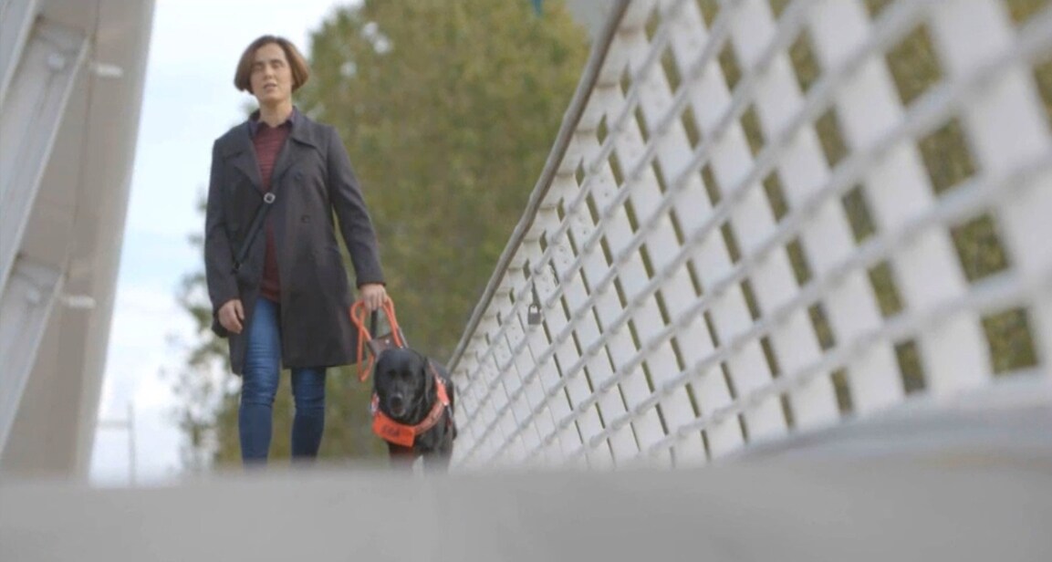 Una donna cammina su un ponte con il suo cane guida