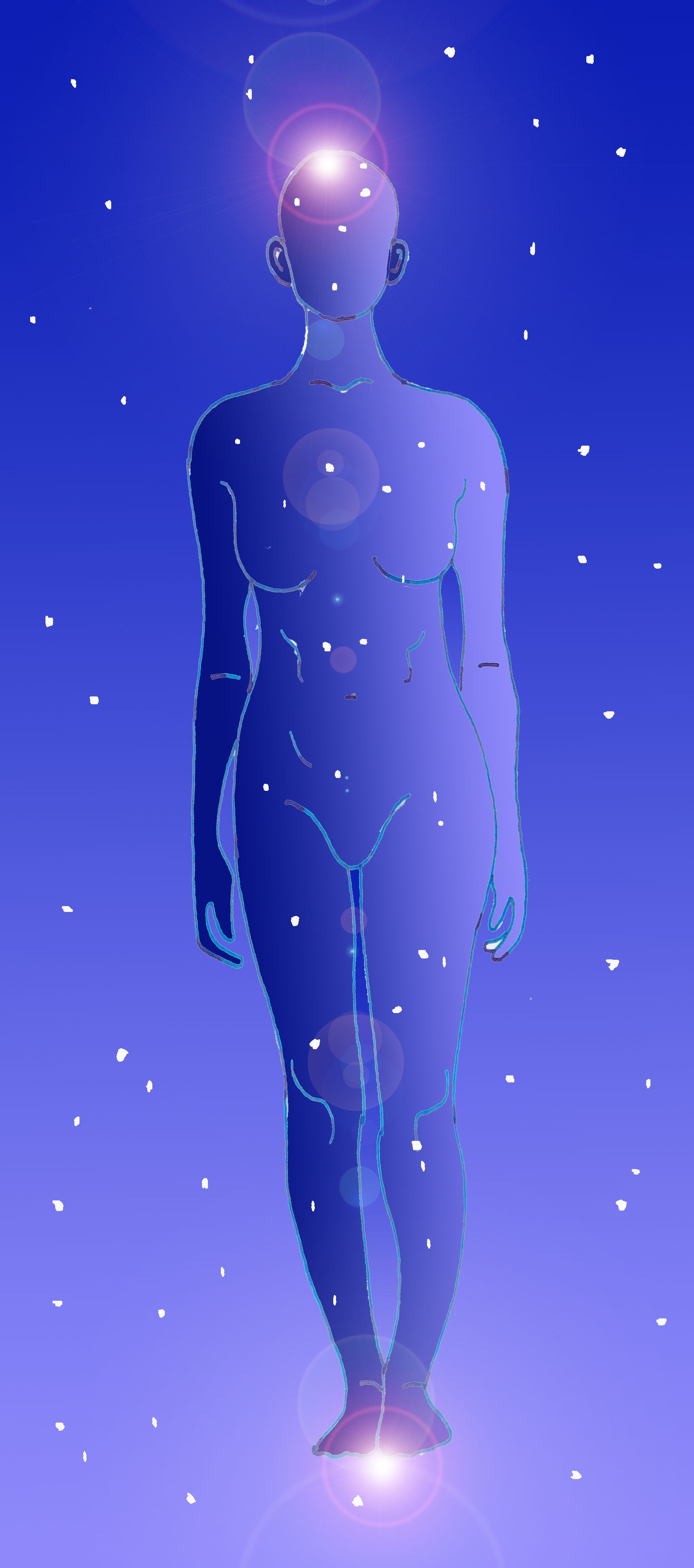 Immagine di una sagoma umana (Per leggerne la descrizione proseguire nel link). Corpo di donna stilizzato su sfondo di cielo stellato.